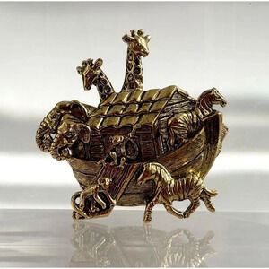 Noah's Ark Vintage Gold T Avon Brooch w/ Giraffes, Elephants, Zebras & Monkeys